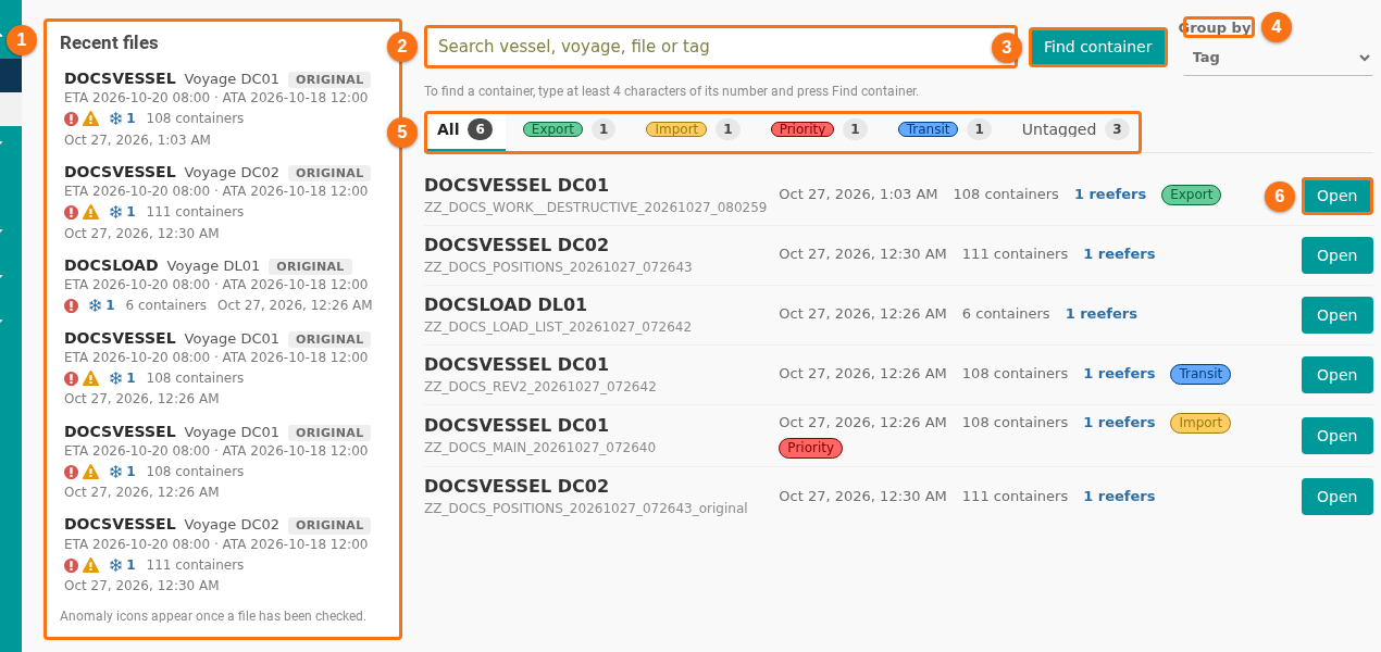 The Home page with the Recent files list on the left, and the search box, the Find container button, the Group by list, the tabs and the file list with Open buttons on the right