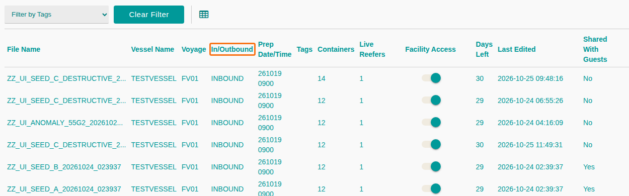 The Upload BAPLIE file list with the In/Outbound column
