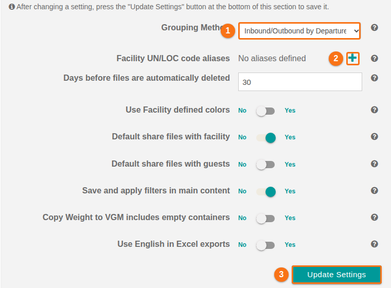 Facility Settings with the Grouping Method dropdown, the Facility UN/LOC code aliases plus button and the Update Settings button