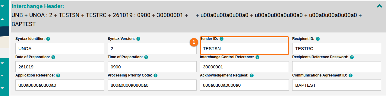 The expanded Interchange Header segment in Header Details with the Sender ID field