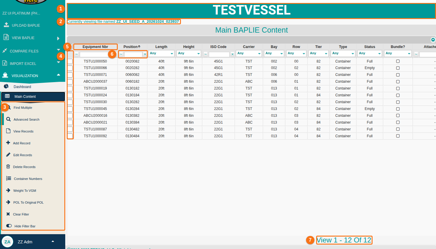 Main Content screen: 1 vessel name, 2 file name, 3 Function Menu, 4 row checkboxes, 5 column headers (drag to reorder), 6 filter row, 7 record count