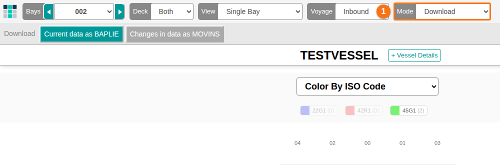 2D Bay View toolbar with the Mode dropdown set to Download and the Current data as BAPLIE and Changes in data as MOVINS buttons