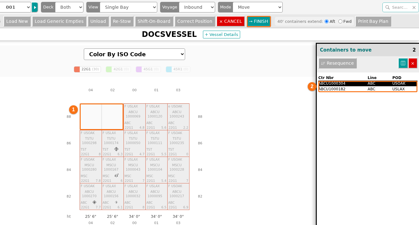 After Re-Stow is clicked the two selected containers are gone from bay 001 and are in the Containers to move list; the Cancel and Finish buttons show