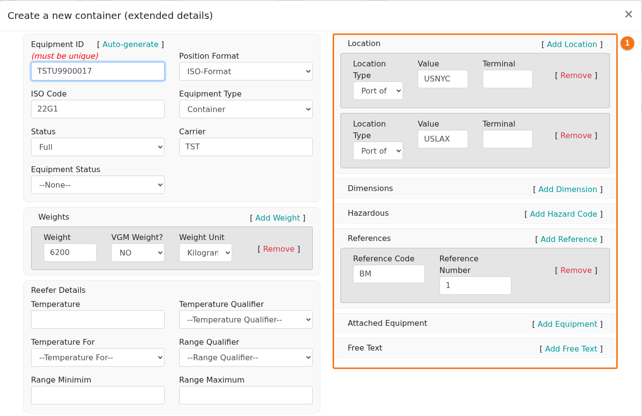 The Create a new container (extended details) form with the extra sections Location, Dimensions, Hazardous, References, Attached Equipment and Free Text on the right