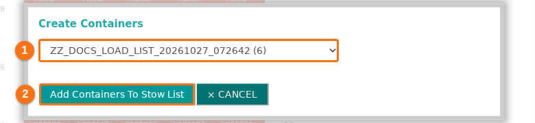 The Create Containers window with a list of uploaded files, each with its container count in brackets, and the Add Containers To Stow List button