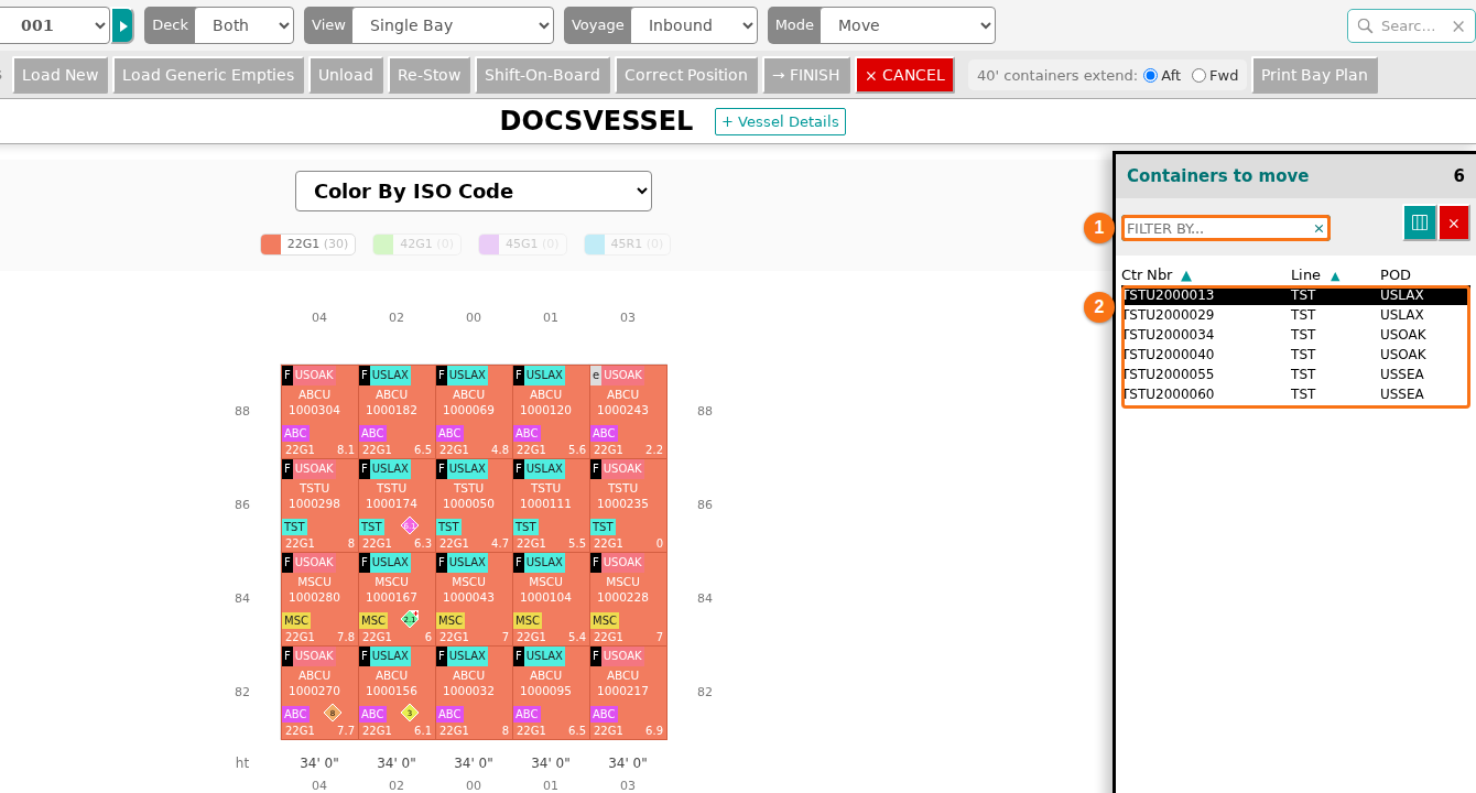 The Containers to move list on the right with six containers from the other file and the FILTER BY box above the list
