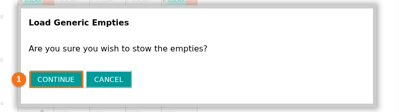 The Load Generic Empties window asking Are you sure you wish to stow the empties, with the CONTINUE and CANCEL buttons