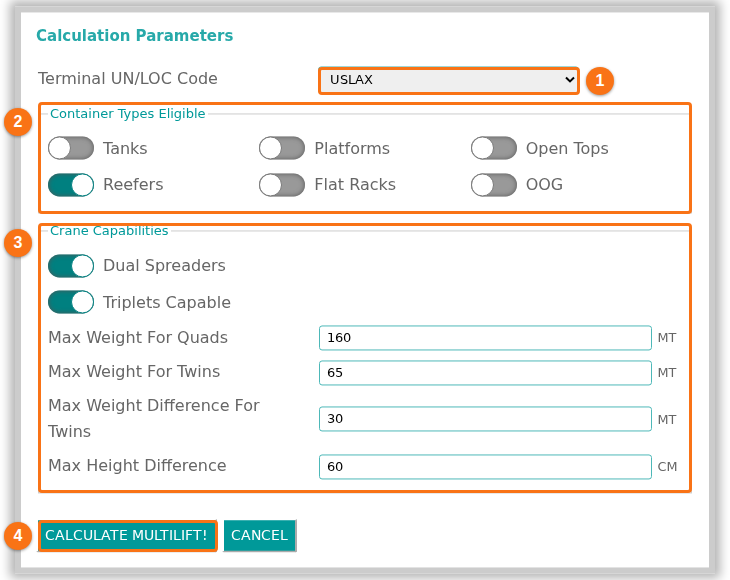 The Calculation Parameters window with the terminal, the container types, the crane capabilities and the weight and height limits