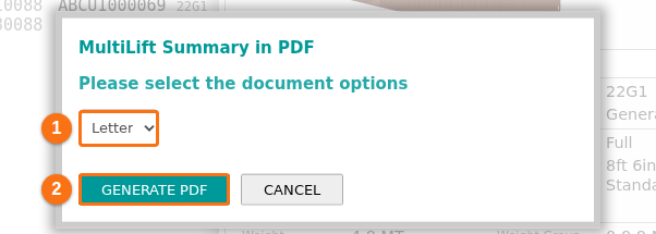 The MultiLift Summary in PDF window with the paper size list and the GENERATE PDF button