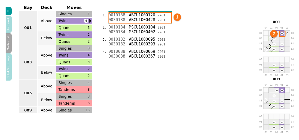 The first twin move highlighted in the list and in the 2D mini view while the pointer is on it, with the other containers in grey