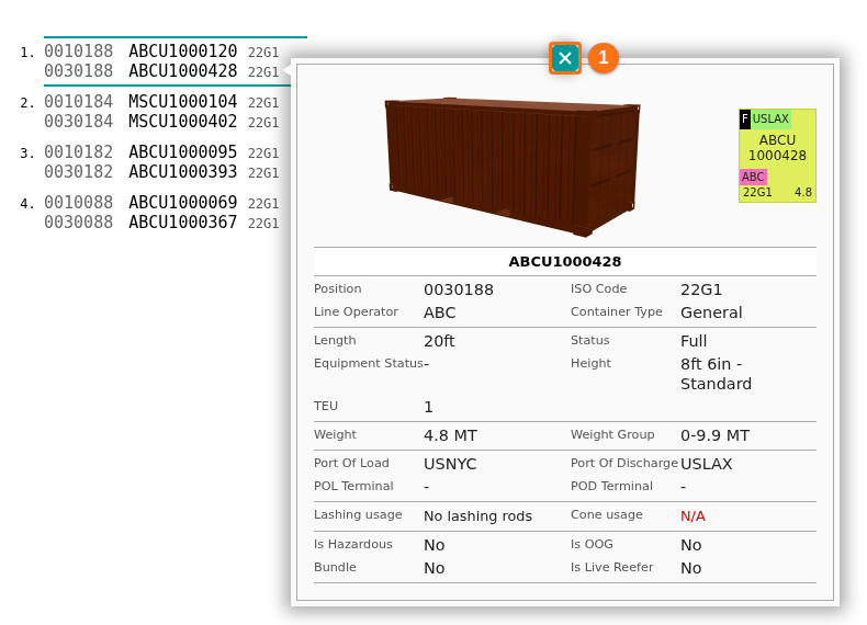 The container information window with a picture of the container, its position, ISO code, line operator, weights, ports and hazardous details