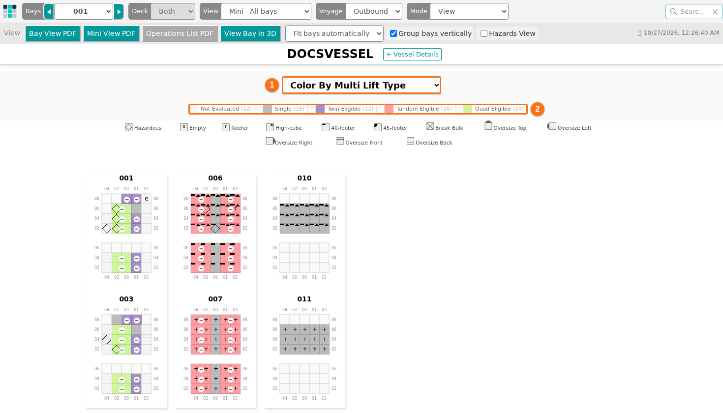 The 2D mini view of all bays coloured by Multi Lift Type, with the legend Not Evaluated, Single, Twin Eligible, Tandem Eligible and Quad Eligible