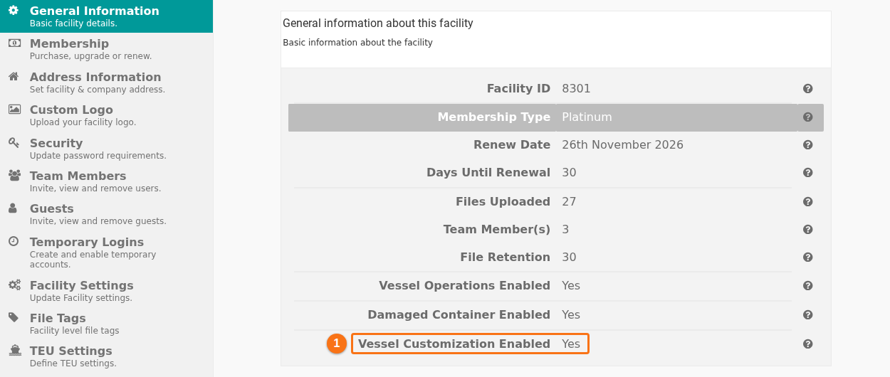 The General Information page of Manage Facility with the line Vessel Customization Enabled highlighted. It shows Yes