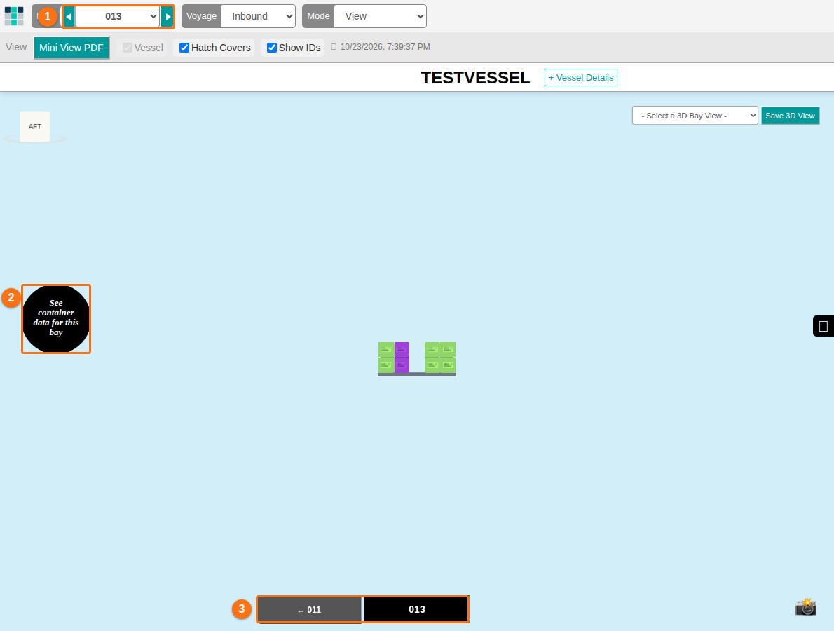 The 3D view of a single bay with the bay selector at the top, the See container data circle on the left and the bay buttons at the bottom