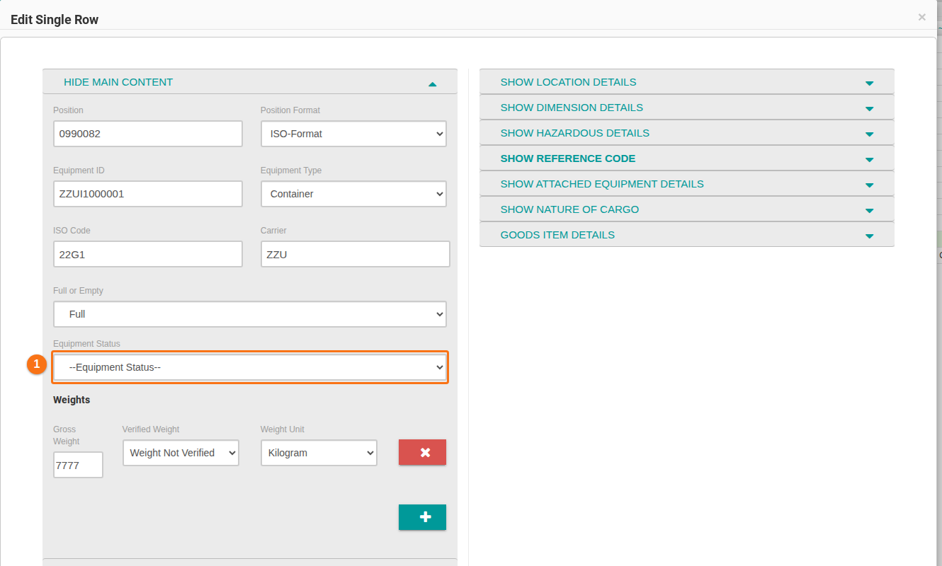 The Edit Single Row window with the Equipment Status list under Full or Empty and above Weights