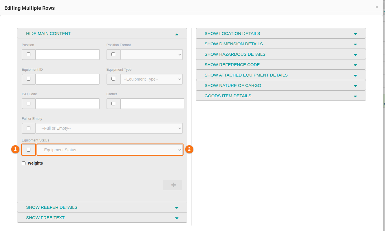 The Editing Multiple Rows window with a checkbox and a list for Equipment Status, both still empty
