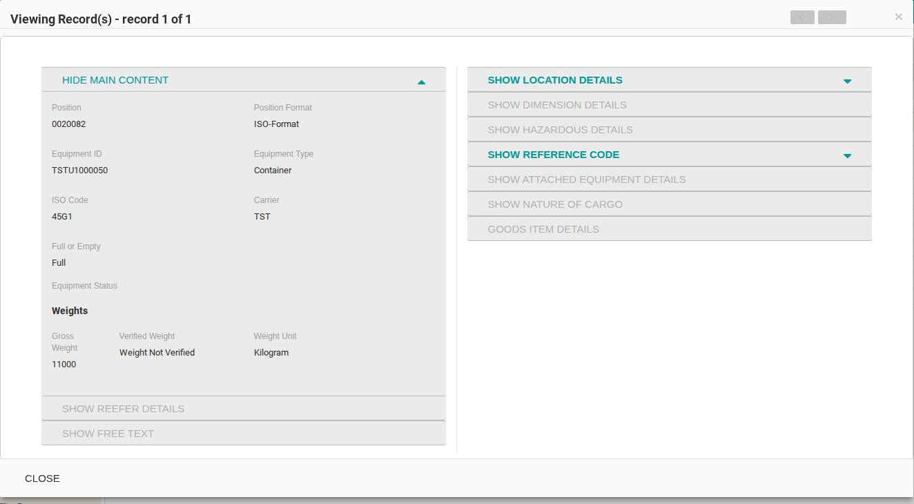 The Viewing Record(s) pop up for one selected container