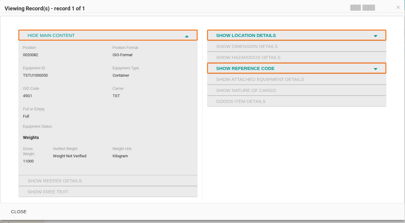 The Viewing Record(s) pop up with the expandable sections shown in teal and the other sections greyed out