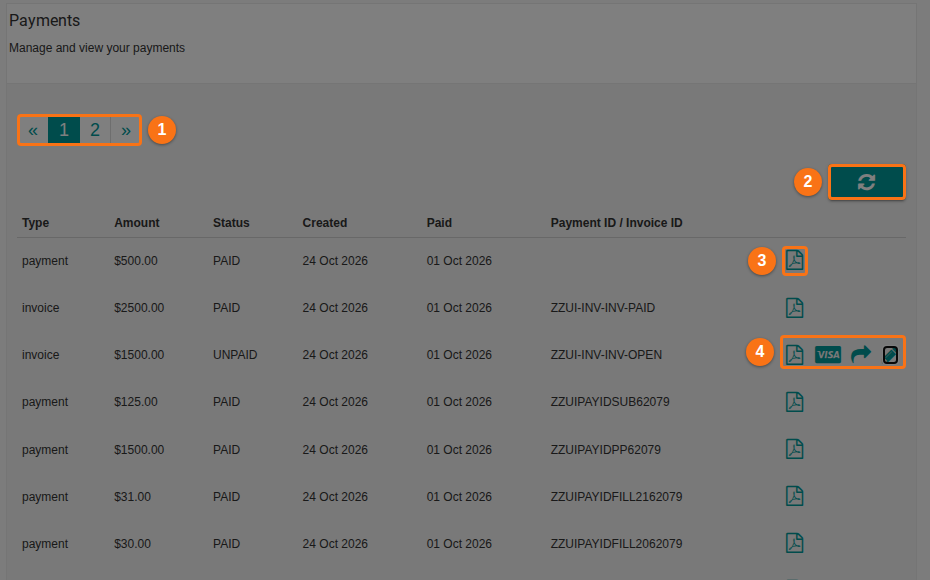 The Payments section of Manage Facility with the page numbers, the refresh button and a table of payments and invoices. The icons at the right of each row are highlighted