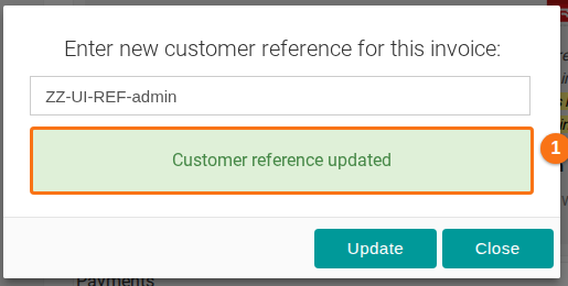 The Update customer reference window after saving, with the green message Customer reference updated