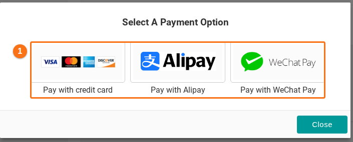 The Select A Payment Option window with the choices Pay with credit card, Pay with Alipay and Pay with WeChat Pay
